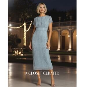 Mac Duggal Beaded Cap Sleeve Empire Waist Sheath Midi Dress Blue 10 NWT 93649